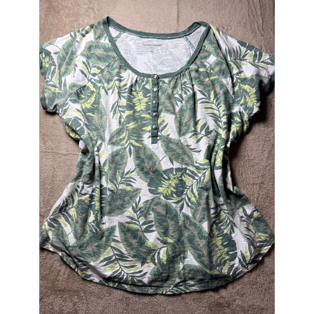 Woman Within Green Tropical Palm Leaf Henley T-Shirt Plus Size 1X 22/24 Cotton